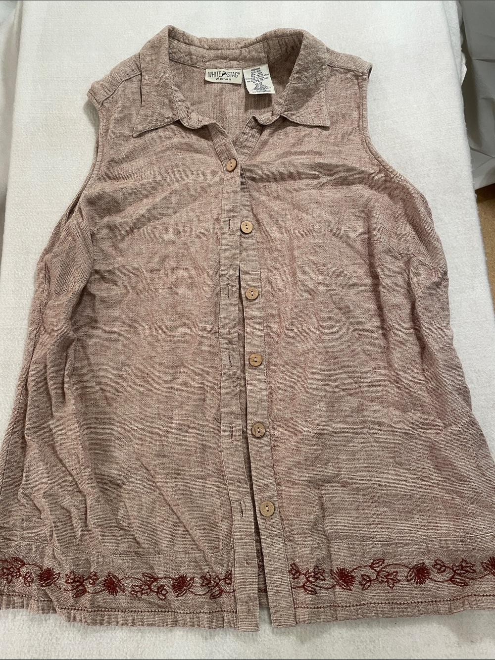 White Stag Linen Blend Flax-Colored Textured Sleeveless Button Front Top